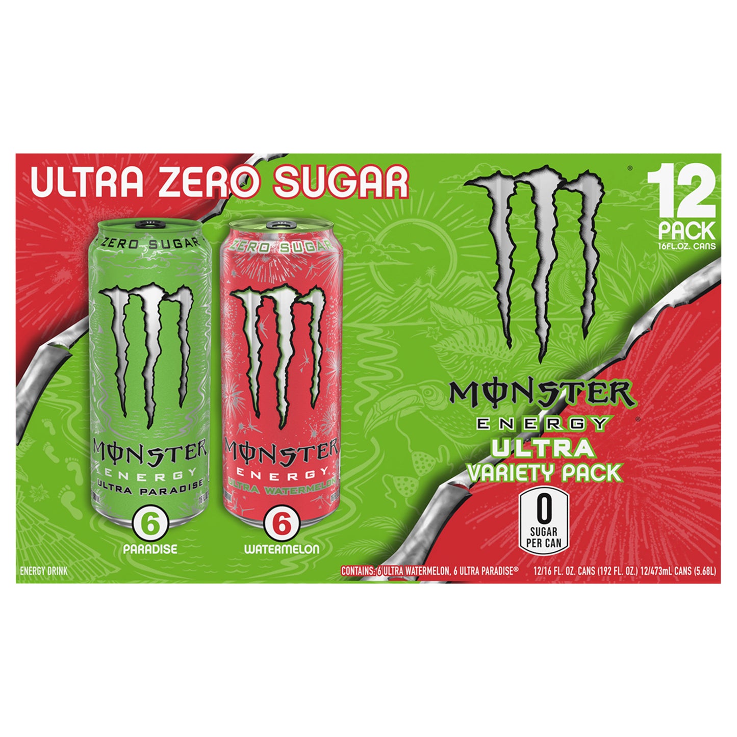 Monster Energy Ultra Zero Sugar Paradise/Watermelon Energy Drink Variety Pack 12 - 16 fl oz Cans