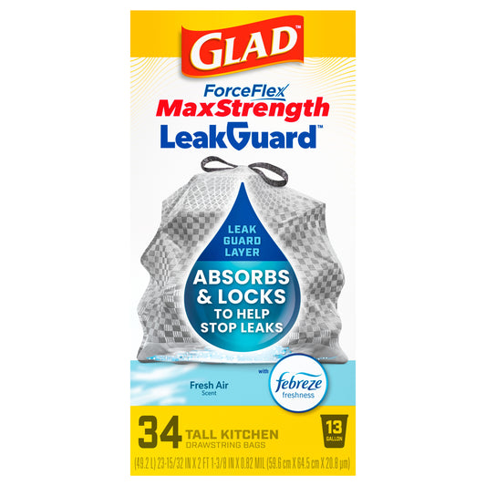 Glad ForceFlex MaxStrength LeakGuard Tall Kitchen Trash Bags, 13 Gallon, Fresh Air, 34 Count