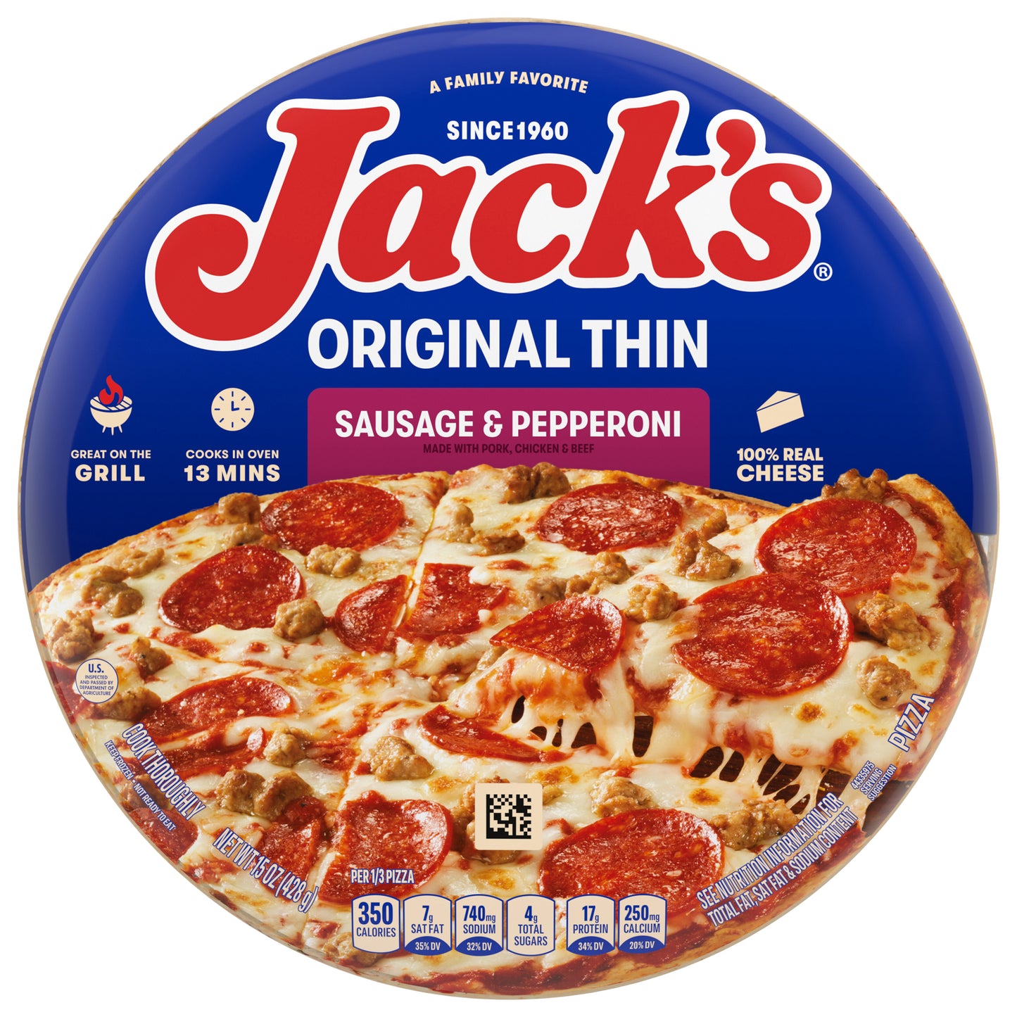 Jack’s Frozen Pizza, Original Thin Crust Sausage and Pepperoni Pizza, 12in, 15oz (Frozen)
