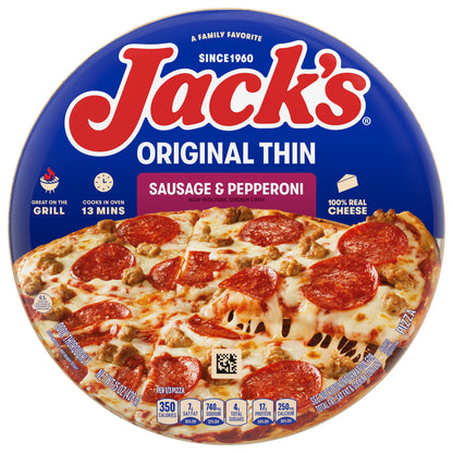 Jack’s Frozen Pizza, Original Thin Crust Sausage and Pepperoni Pizza, 12in, 15oz (Frozen)