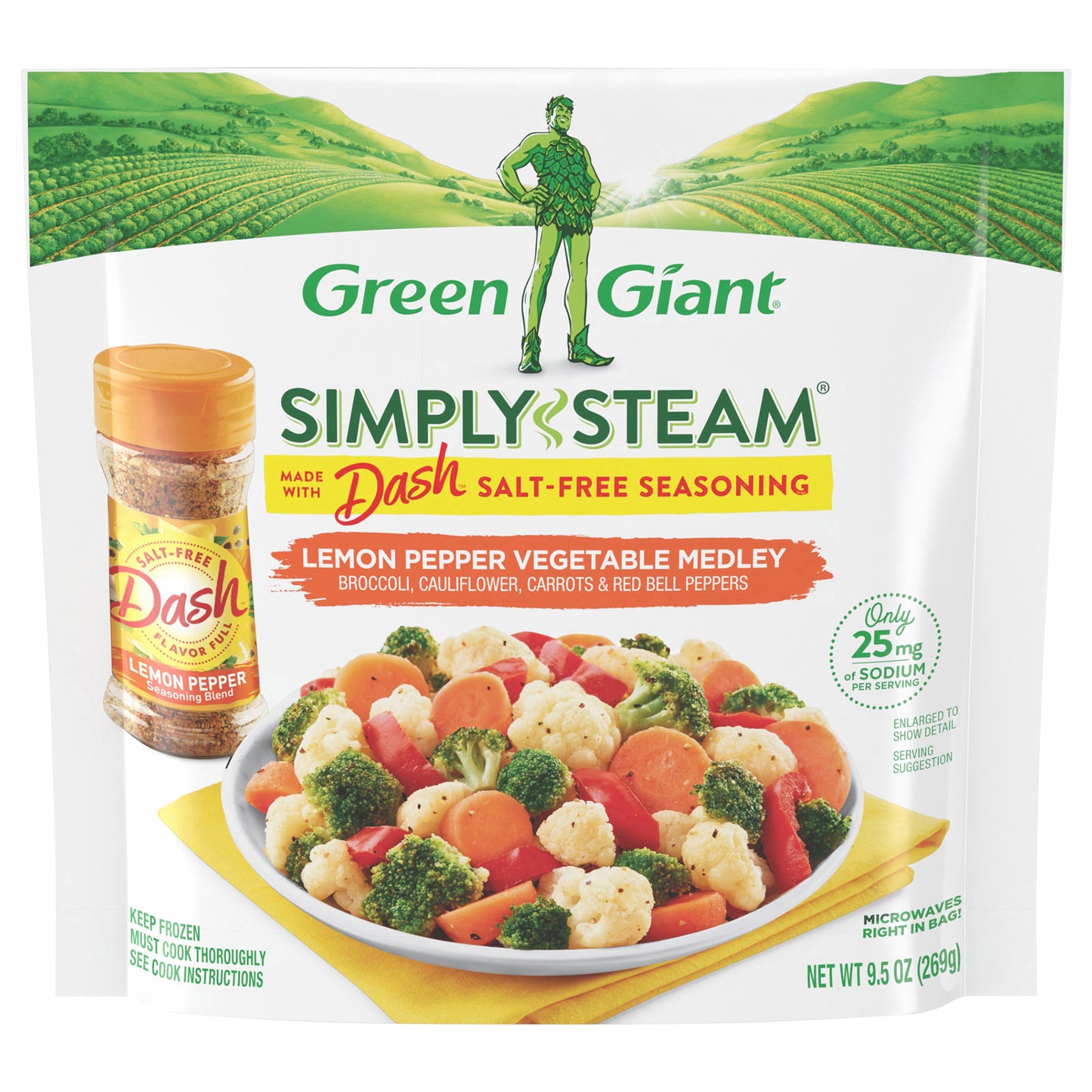 Green Giant Simply Steam Lemon Pepper Vegetable Medley, Frozen Vegetable Mix, Made with Dash Salt-Free Seasoning, 9.5 OZ