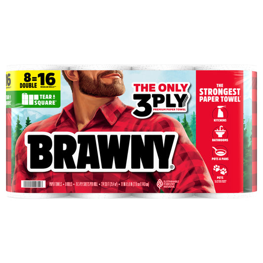 BRAWNY TEAR-A-SQUARE PAPER TOWELS, 8 DOUBLE ROLLS