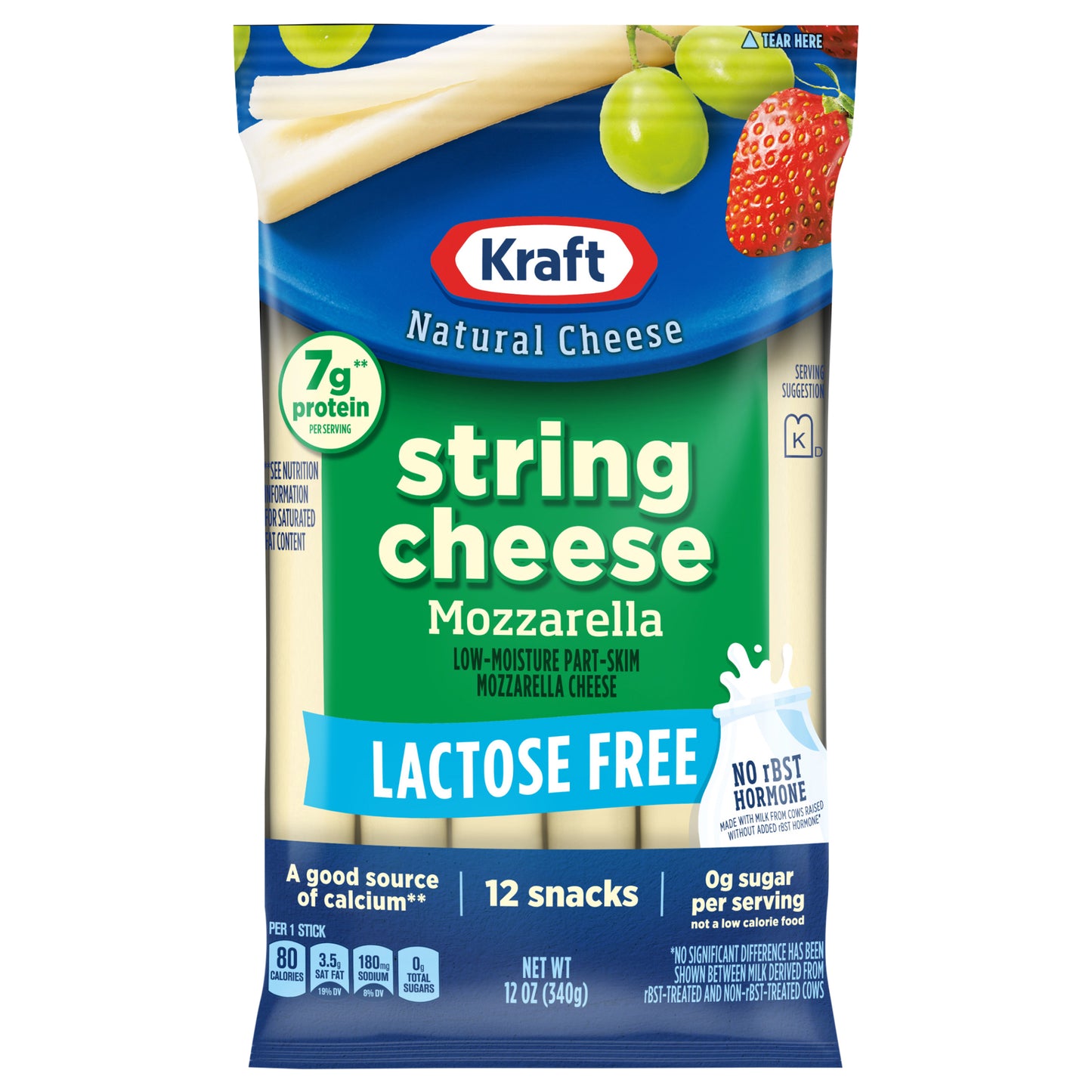 Kraft Lactose Free Mozzarella String Cheese Snacks, 12 oz Bag (12 ct-1 oz sticks)