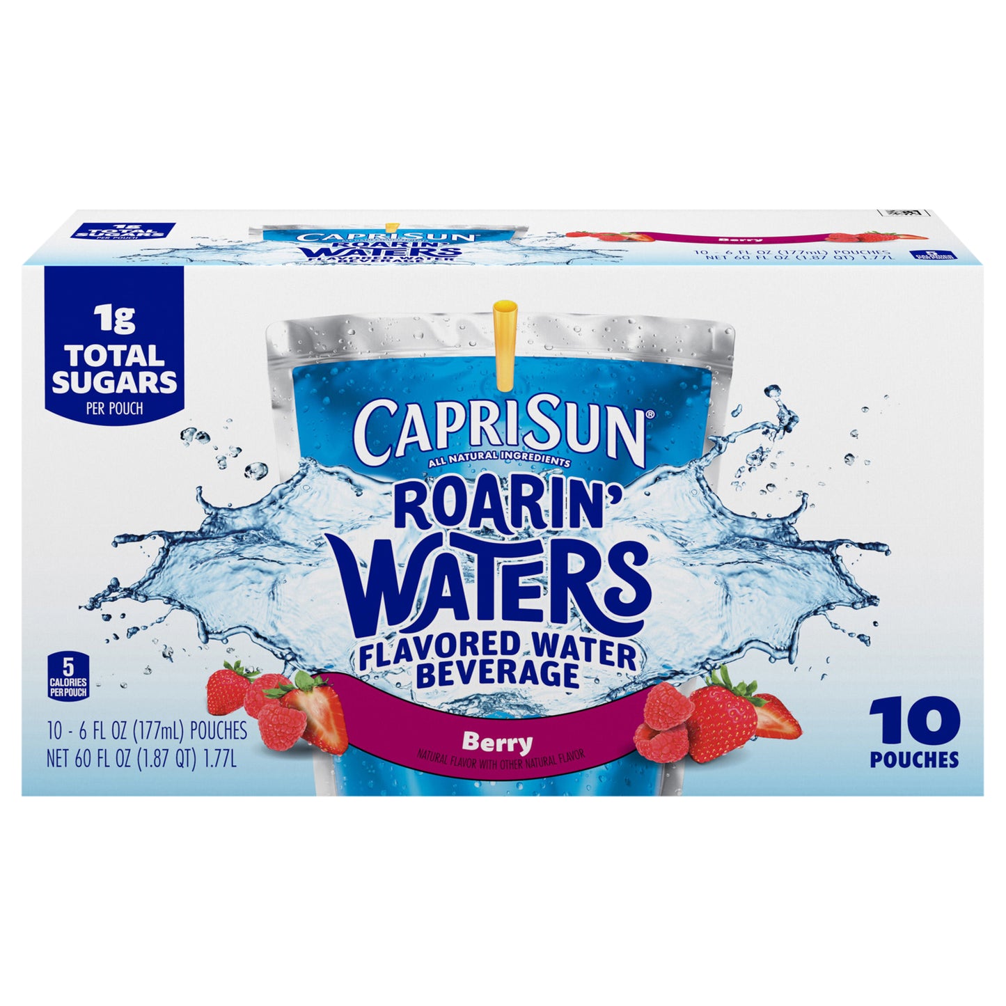Capri Sun Roarin' Waters Flavored Water Beverage, 10 Pouches, for School Lunches and On-the-Go Hydration, Berry Natural Flavor with Other Natural Flavor, All Natural Ingredients, 6 oz