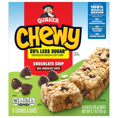 Quaker Chewy Granola Bars Less Sugar Chocolate Chip 0.84 Oz, 8 Ct