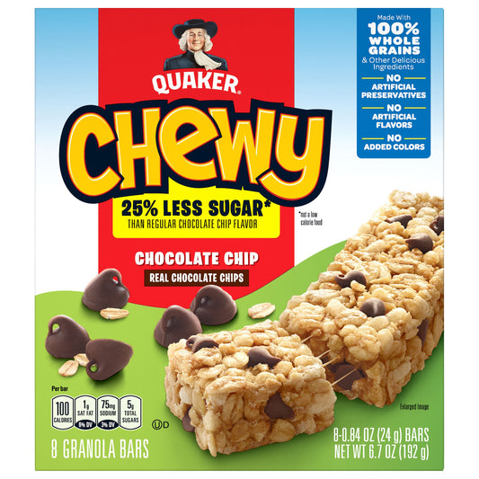 Quaker Chewy Granola Bars Less Sugar Chocolate Chip 0.84 Oz, 8 Ct