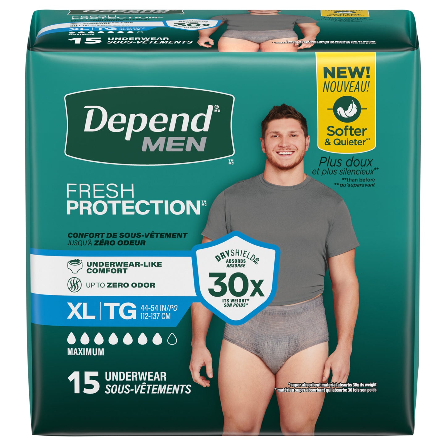 Depend Fresh Protection Adult Incontinence Underwear for Men, Disposable, Maximum, XL, Grey, 15 Count