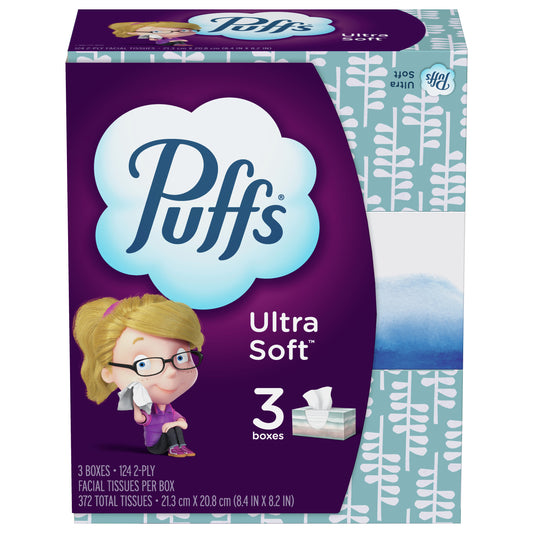 Puffs Ultra Soft Facial Tissues, 3 Family Size Boxes, 124 Facial Tissues Per Box