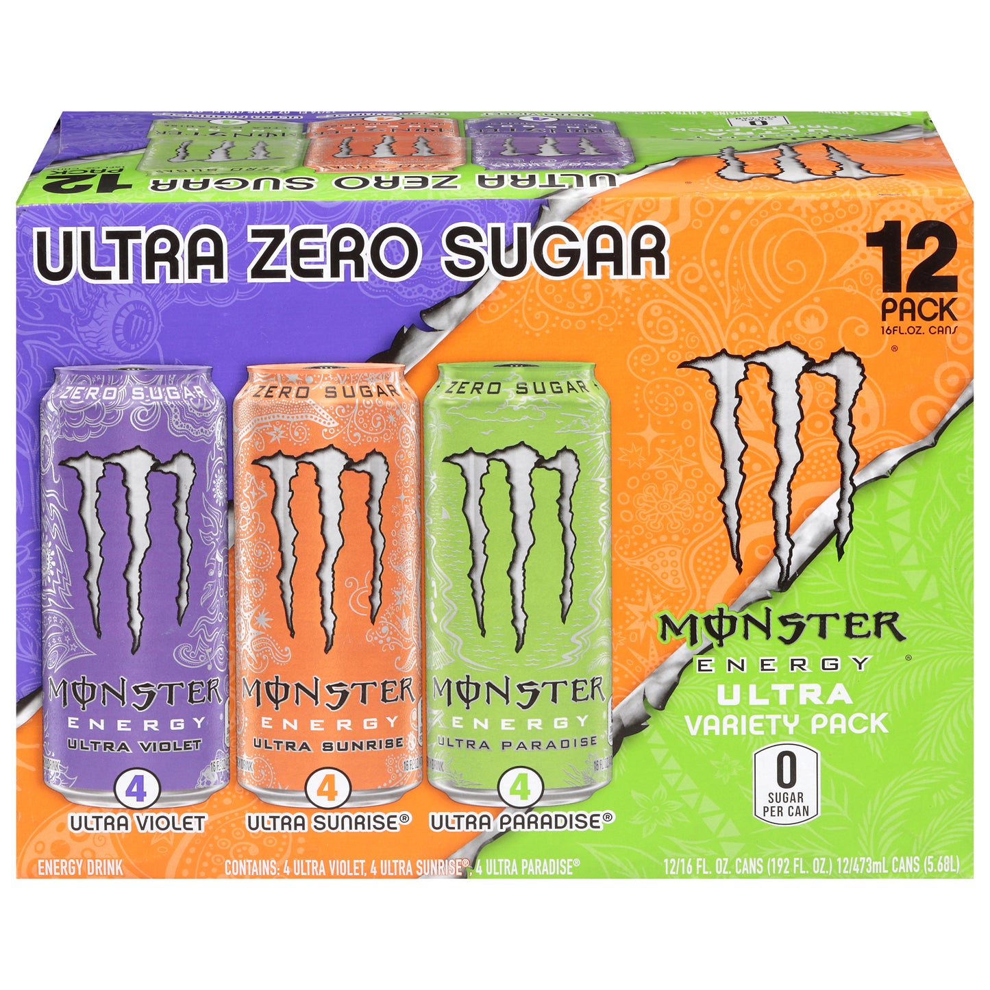 Monster Energy Zero Sugar Ultra Violet/Ultra Sunrise/Ultra Paradise Energy Drink 12 Pack Variety Pack 12 - 16 fl oz Cans