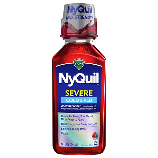 Vicks NyQuil SEVERE Cold & Flu Relief Liquid Over-the-Counter Medicine, Powerful, Multi-Symptom Nighttime Relief for Headache, Fever, Sore Throat, Minor Aches and Pains, Nasal Congestion, Sinus Pressure, Sneezing, Runny Nose, and Cough, Berry, 12 OZ