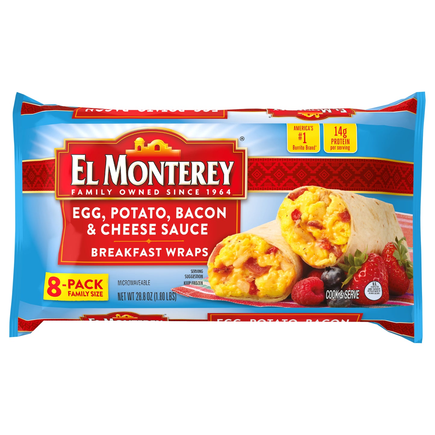 El Monterey Egg, Potato, Cheese Sauce & Bacon Breakfast Wraps, 8 Count (Frozen)