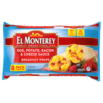 El Monterey Egg, Potato, Cheese Sauce & Bacon Breakfast Wraps, 8 Count (Frozen)