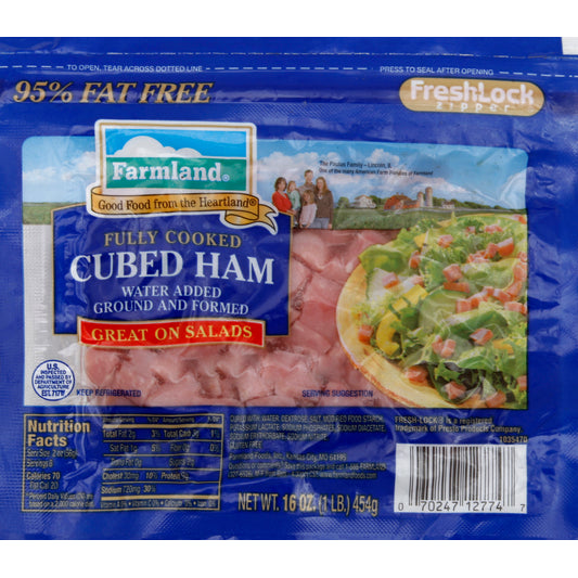 Farmland Ham 16 oz - FULLY COOKED CUBED HAM WATER ADDED GROUND AND FORMED GREAT ON SALADS