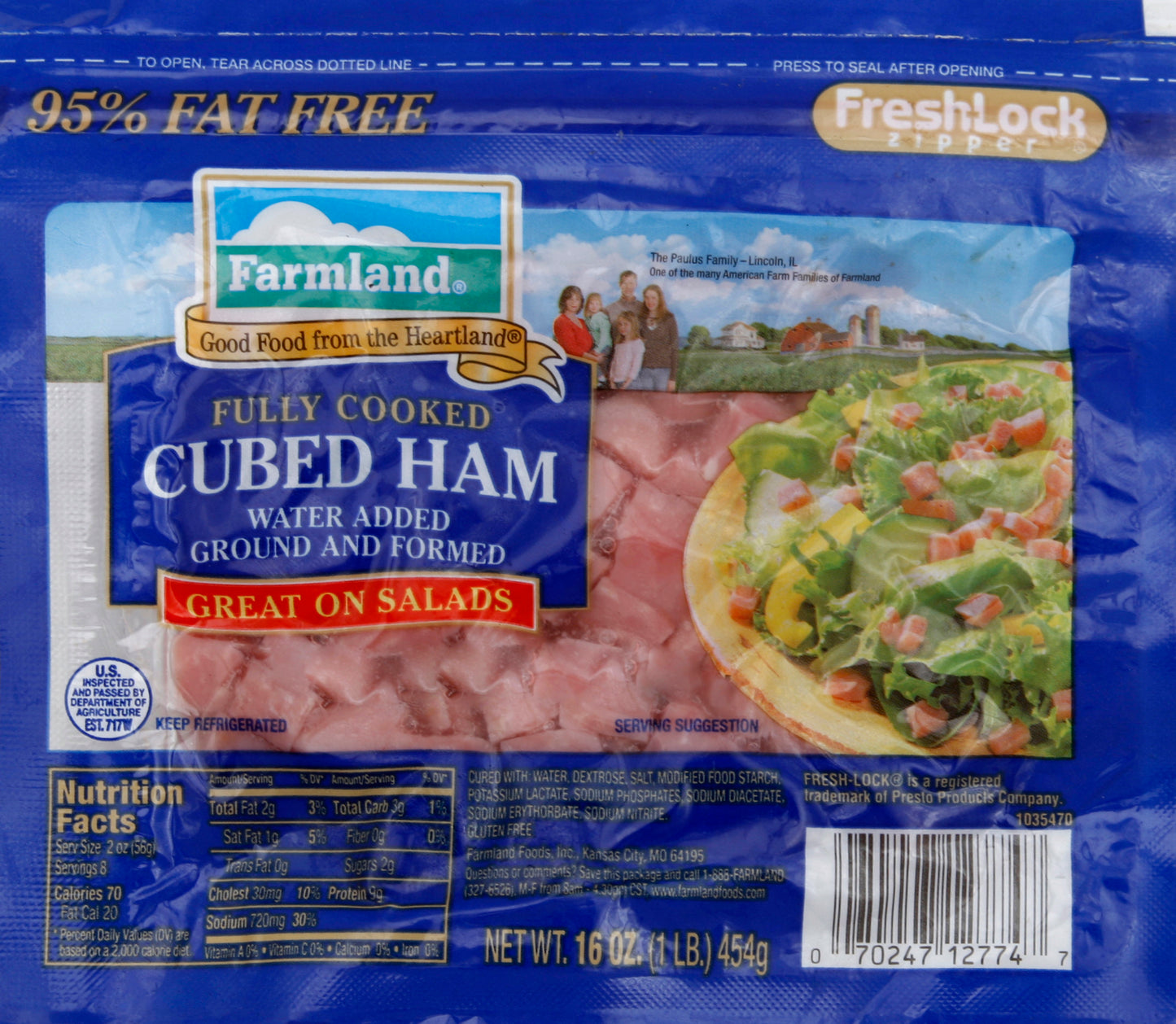 Farmland Ham 16 oz - FULLY COOKED CUBED HAM WATER ADDED GROUND AND FORMED GREAT ON SALADS