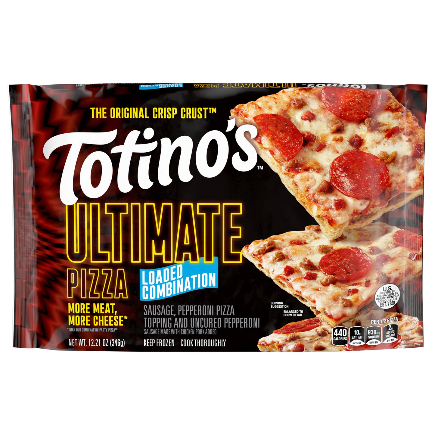 Totino's Ultimate Pizza, Loaded Combination, Sausage and Pepperoni, Frozen Pizza, Frozen Snacks, 12.21 oz