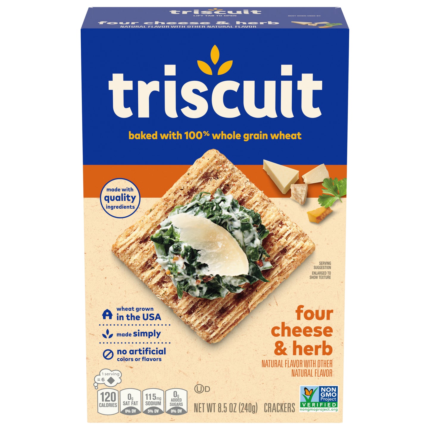 Triscuit Four Cheese & Herb Whole Grain Wheat Crackers, Lunch Snacks, Snack Crackers, 8.5 oz