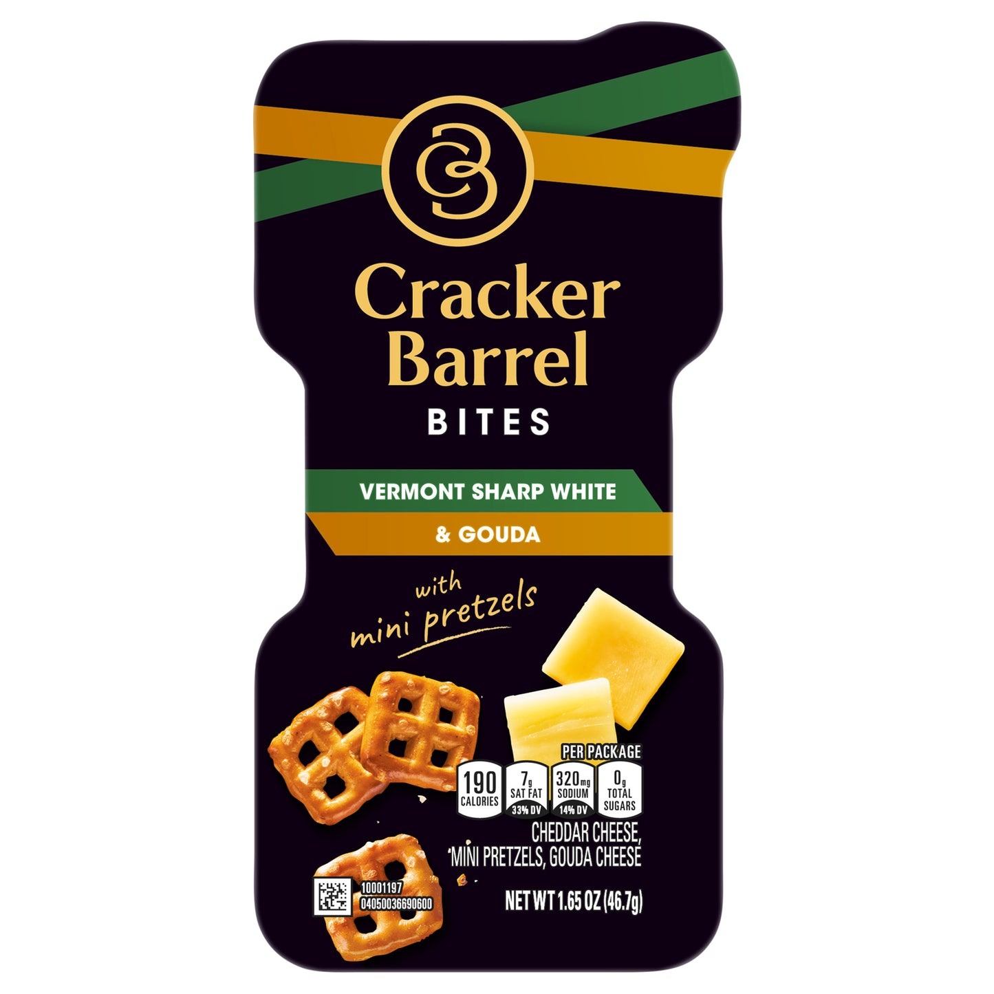 Cracker Barrel Bites Cheese Snacks Vermont Sharp White Cheddar, Gouda With Mini Pretzels, 1.65 oz Tray
