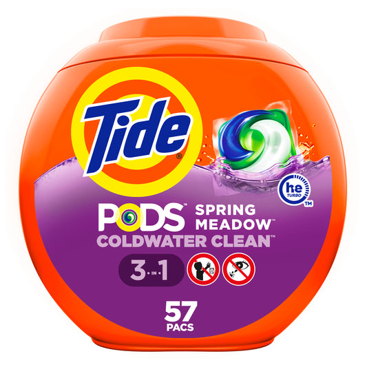 Tide PODS Laundry Detergent Soap Pacs, HE Compatible, 57 ct, Powerful 3-in-1 Clean, Spring Meadow