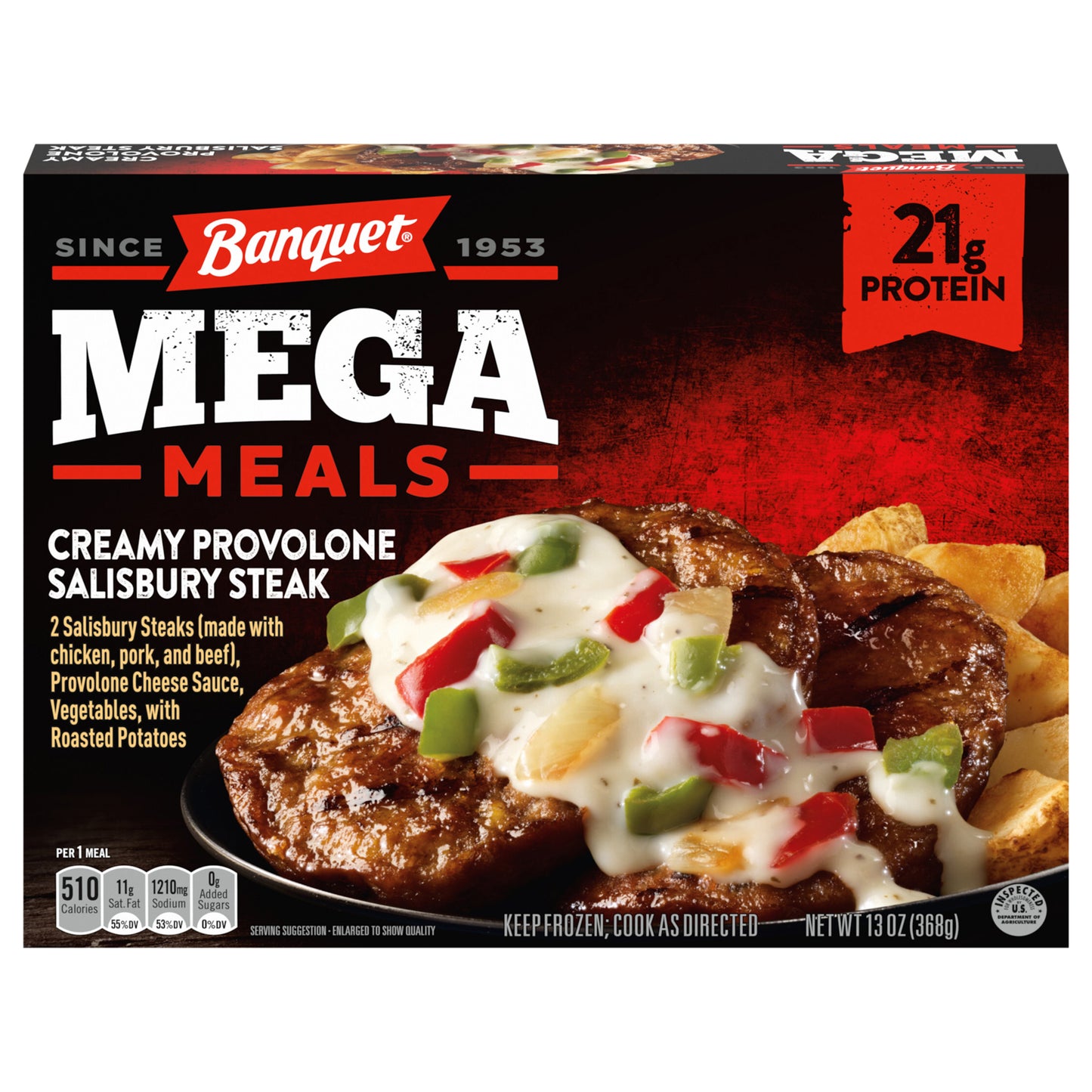 Banquet MEGA Meals Creamy Provolone Salisbury Steak, Frozen Meal, 13 oz.