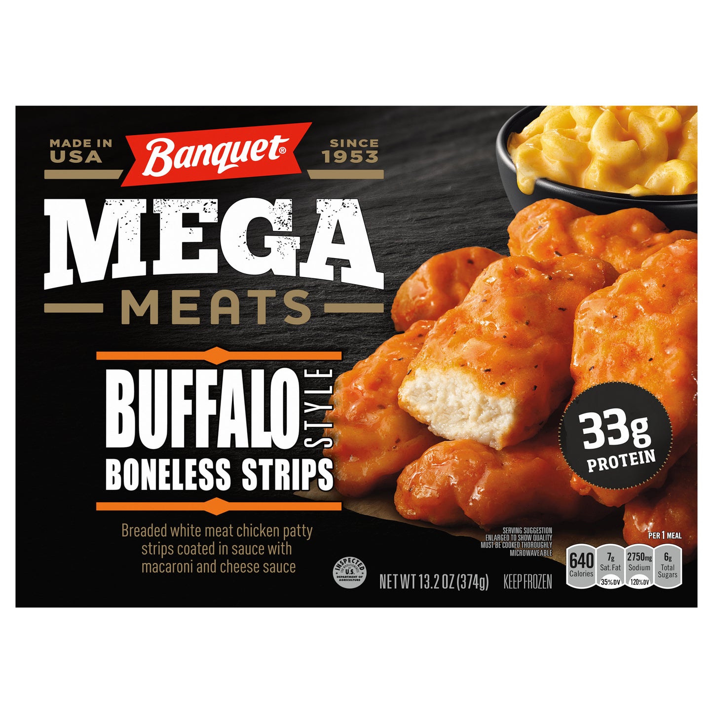 Banquet Mega Meats Buffalo-Style Chicken Strips With Mac& Cheese, Frozen, 13.2 oz.