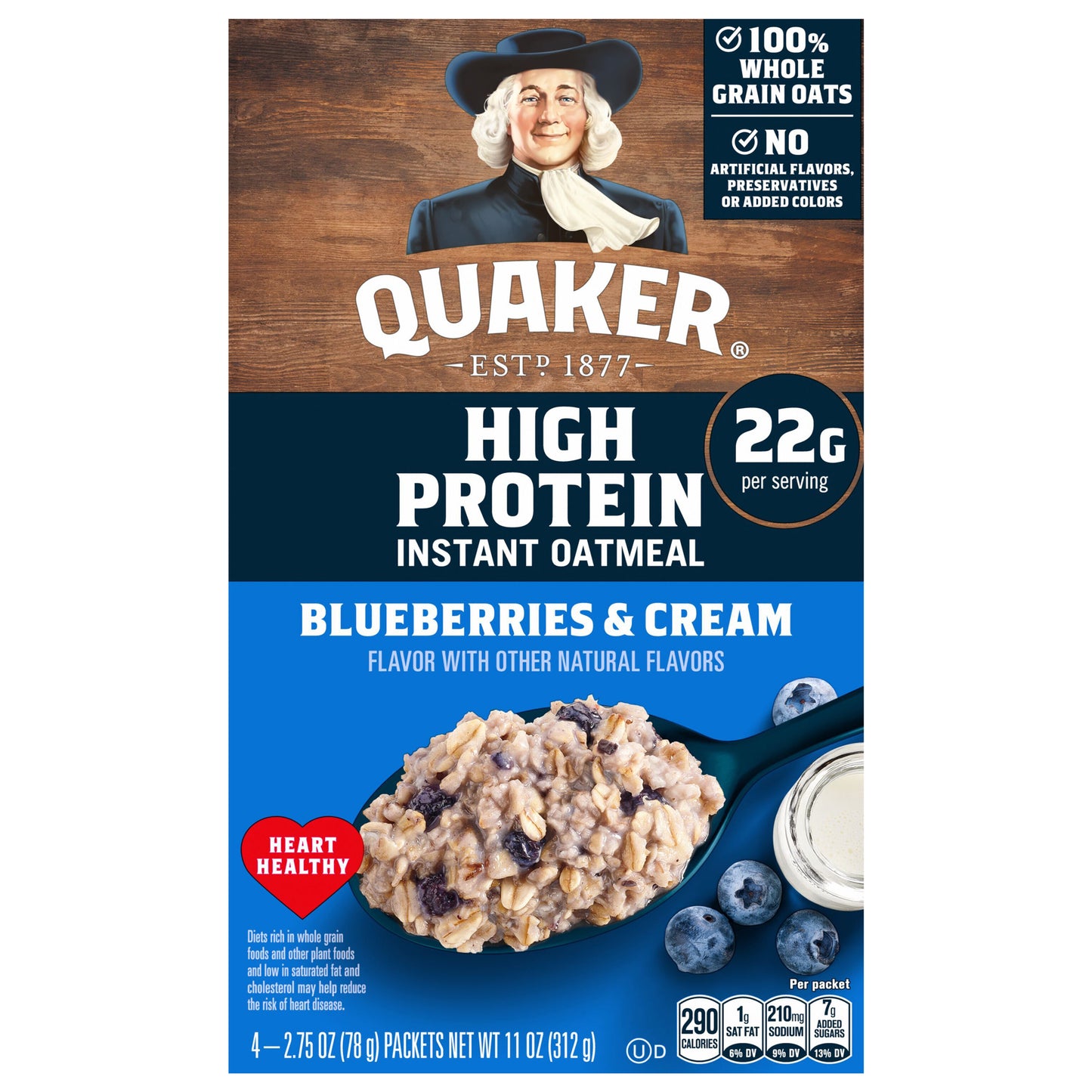 Quaker High Protein Instant Oatmeal Blueberries & Cream, 2.75 Oz X 4