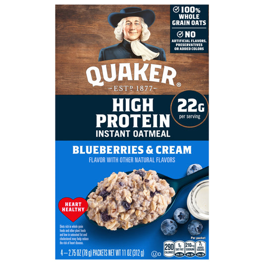 Quaker High Protein Instant Oatmeal Blueberries & Cream, 2.75 Oz X 4