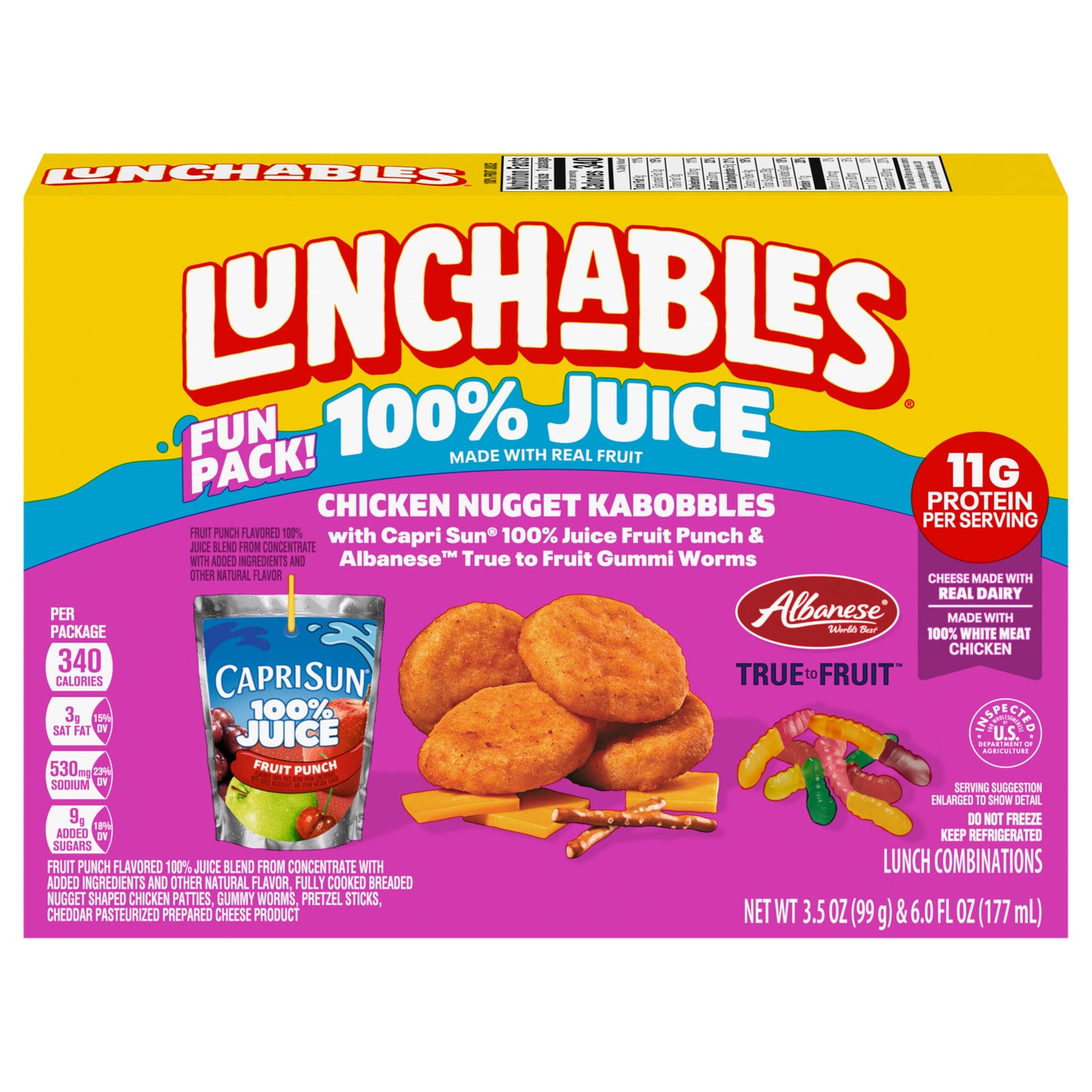 Lunchables Fun Pack Chicken Nugget Kabobbles with Capri Sun 100% Juice Fruit Punch and Albanese True to Fruit Gummi Worms Lunch Kit, 1 Box, for Kids Lunch, School Snacks, 11g Protein Snacks, 9.5 oz