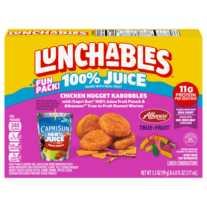Lunchables Fun Pack Chicken Nugget Kabobbles with Capri Sun 100% Juice Fruit Punch and Albanese True to Fruit Gummi Worms Lunch Kit, 1 Box, for Kids Lunch, School Snacks, 11g Protein Snacks, 9.5 oz