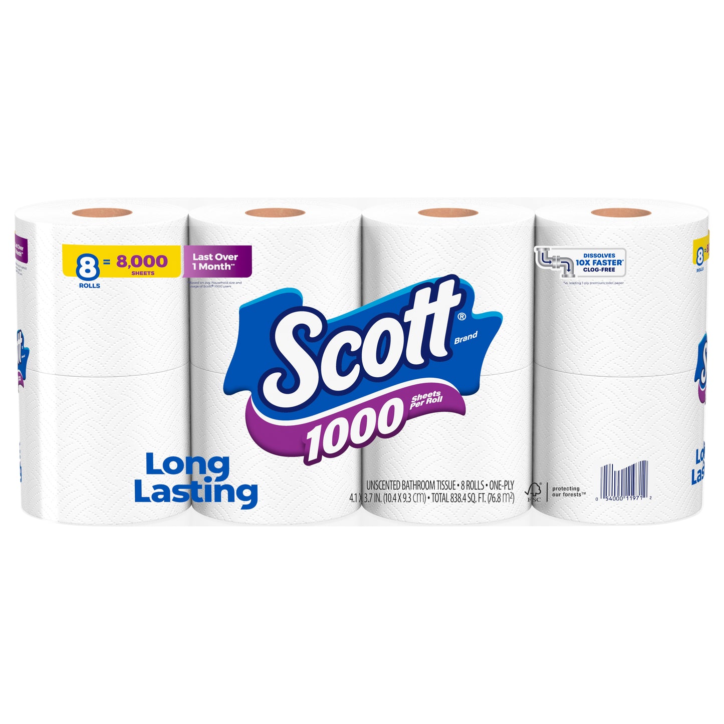 Scott 1000 Toilet Paper, 8 Rolls, Septic-Safe, 1-Ply Toilet Tissue