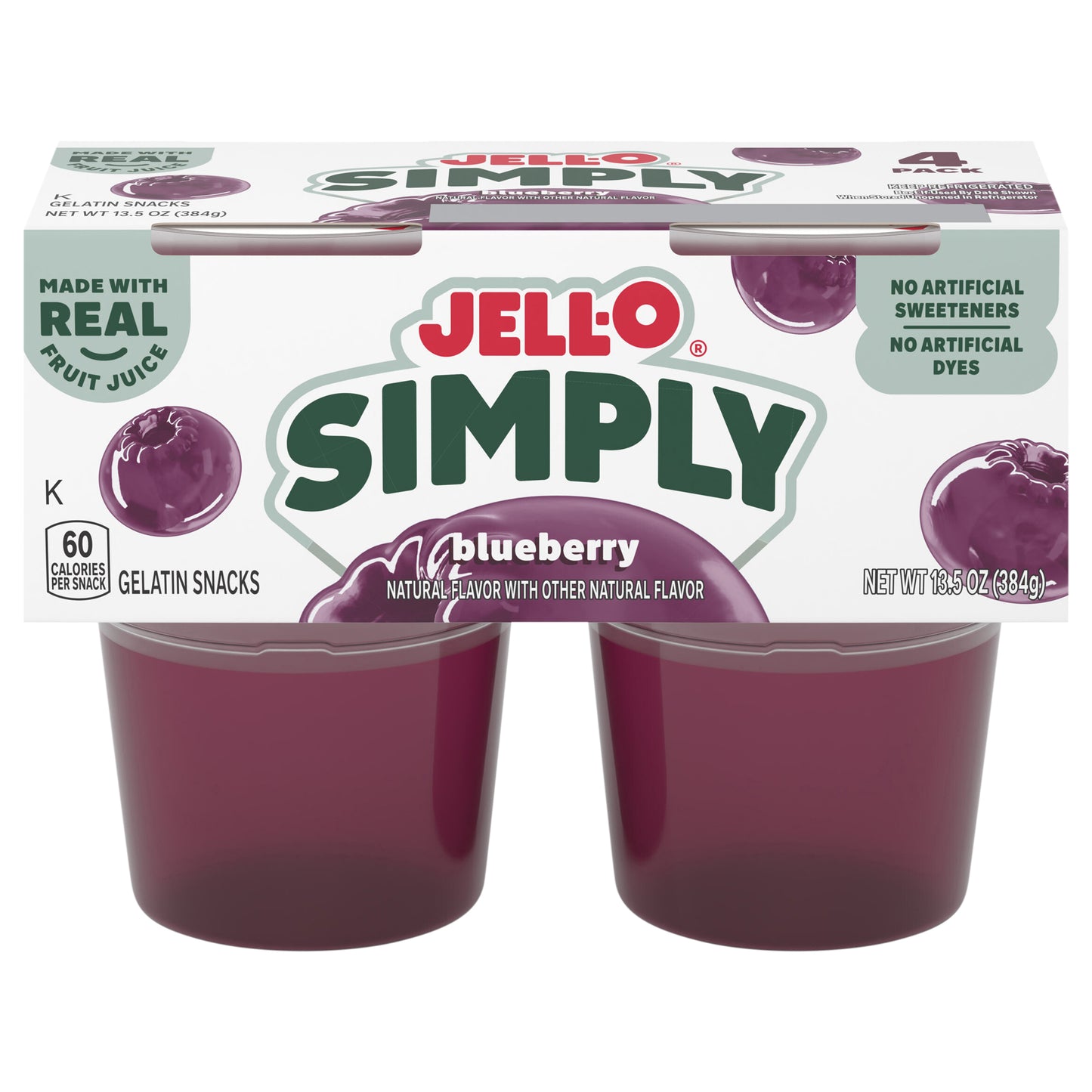 Jell-O Simply Gelatin Snack Cups, 4 Cups, for Quick and Easy Snacking, Blueberry Natural Flavor with Other Natural Flavor, Made with Real Fruit Juice, 13.5 oz