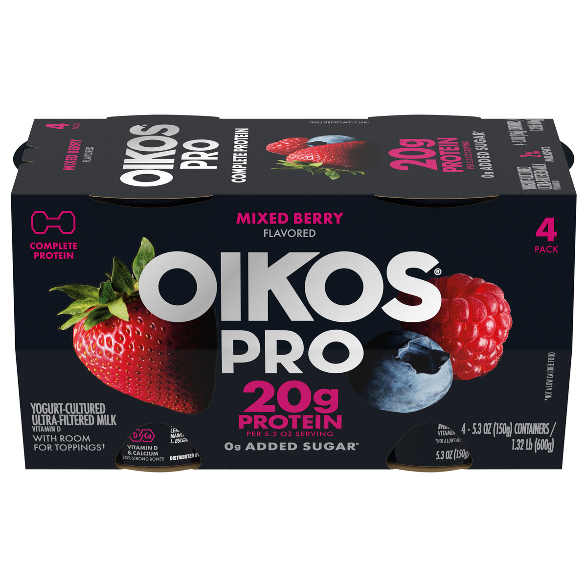 Oikos Pro 20g Protein, Mixed Berry Yogurt-Cultured Dairy Product, 4 Ct, 5.3 OZ Cups