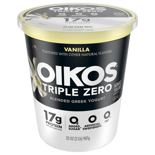 Oikos Triple Zero Vanilla 17g Protein, 0g Added Sugar, Nonfat Greek Yogurt Tub, 32 OZ