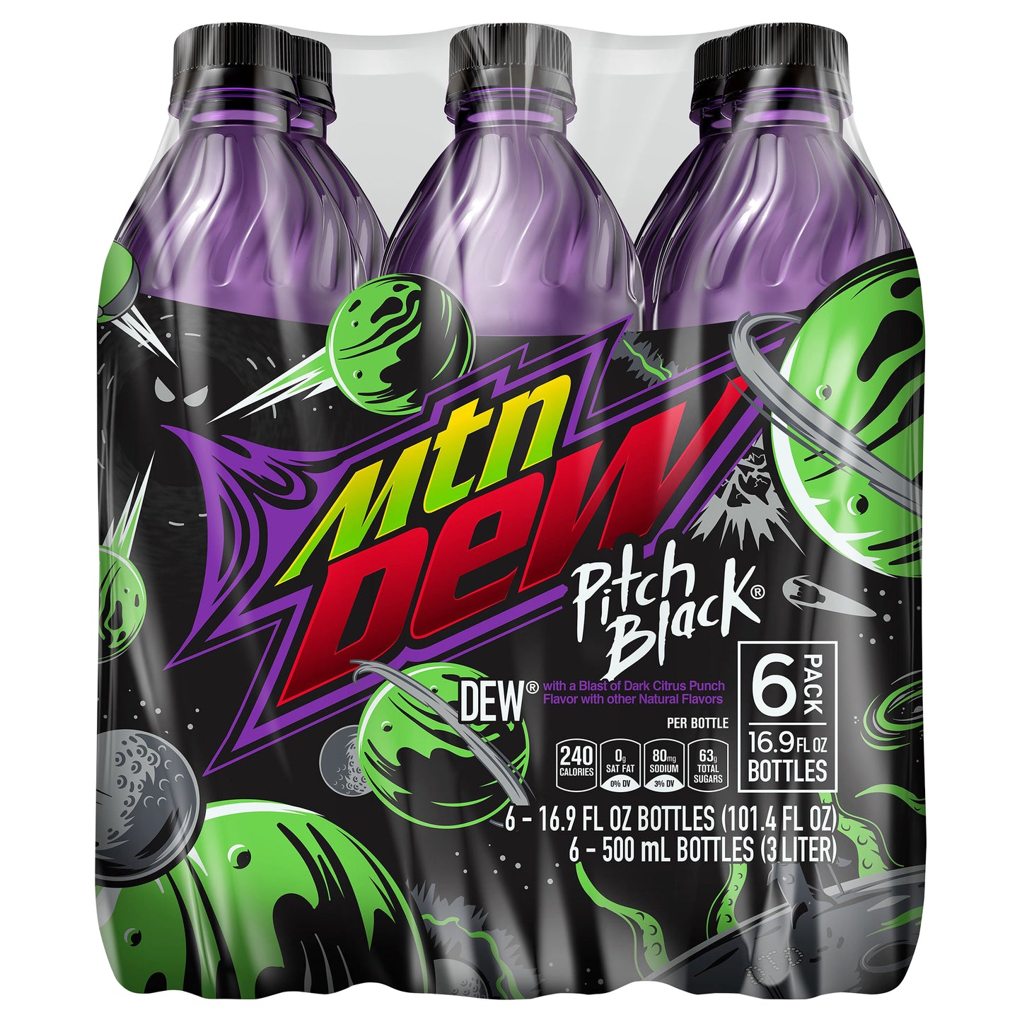 Mtn Dew Soda Pitch Black 16.9 Fl Oz, 6 Count, (Pack of 4)