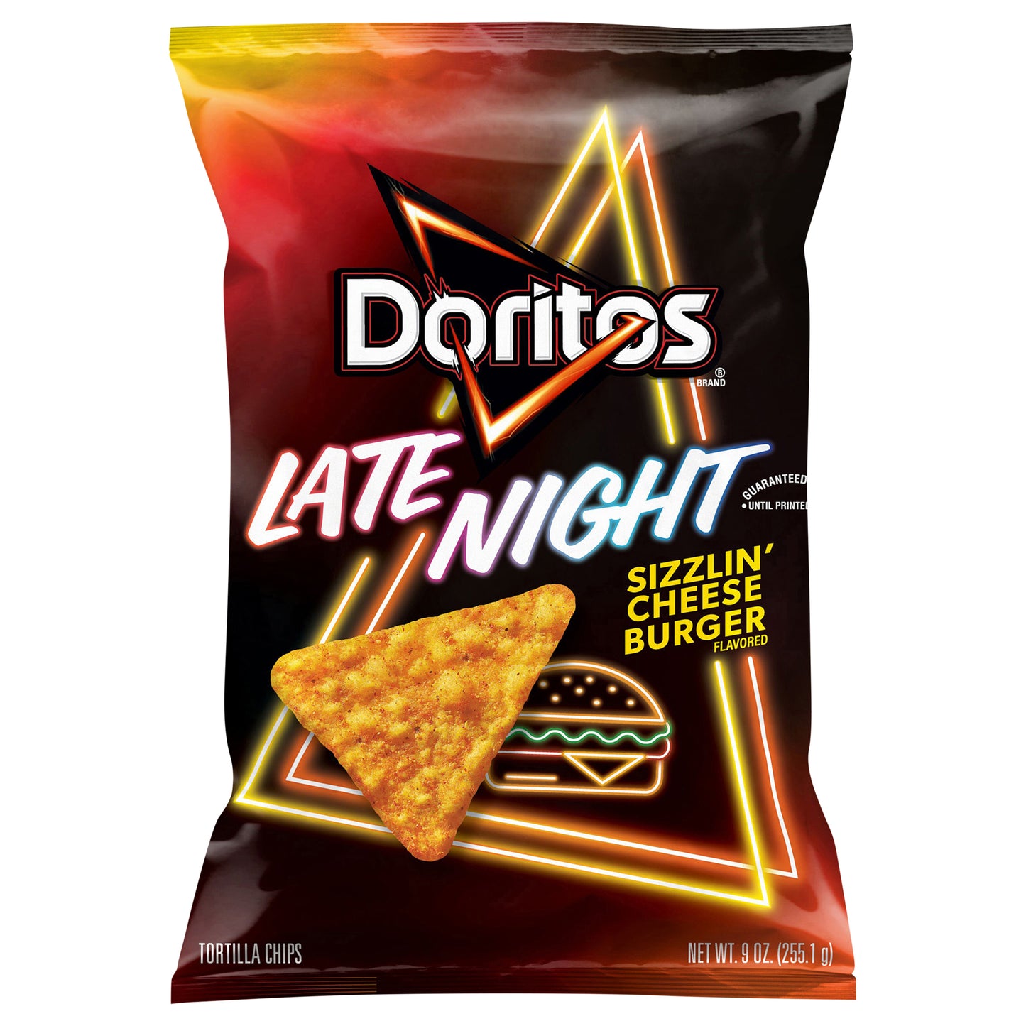 Doritos Tortilla Chips, Late Night Sizzlin Cheeseburger Flavored, 9 Oz